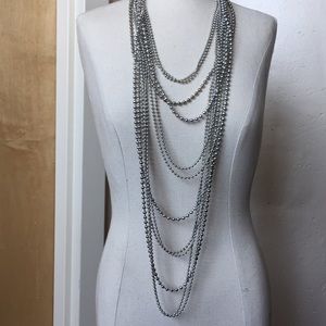 Long multi layered silver chain necklace